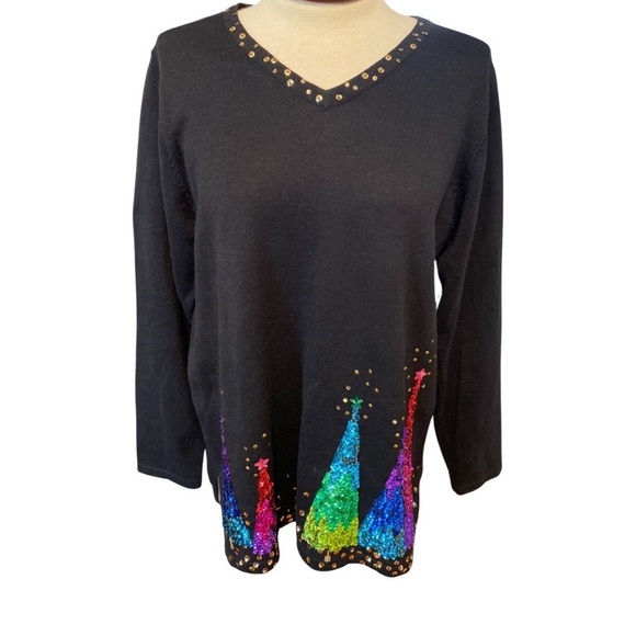 Quacker Factory Holiday V-Neck Sweater Multicolored Sequin Trees Size Medium - Picture 6 of 6
